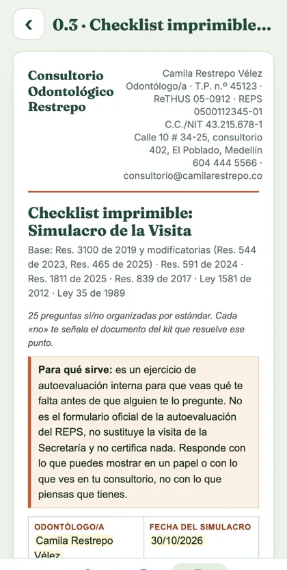 App: checklist del simulacro compilado con los datos del consultorio