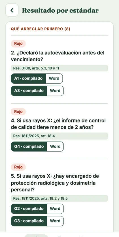 App: lista «qué arreglar primero» con el documento de cada punto