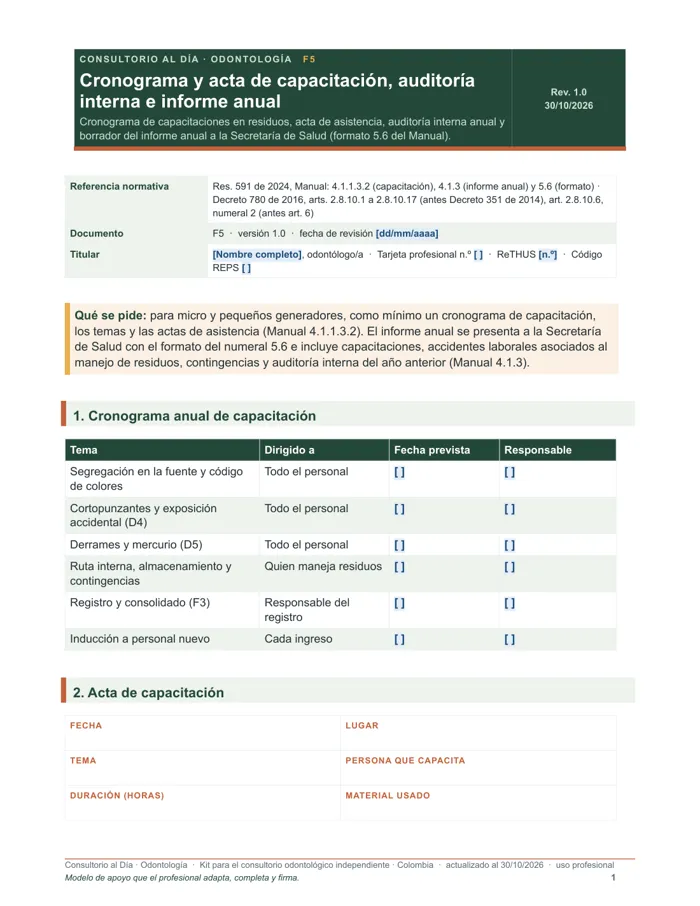 Cronograma y acta de capacitación en residuos (Word y PDF)