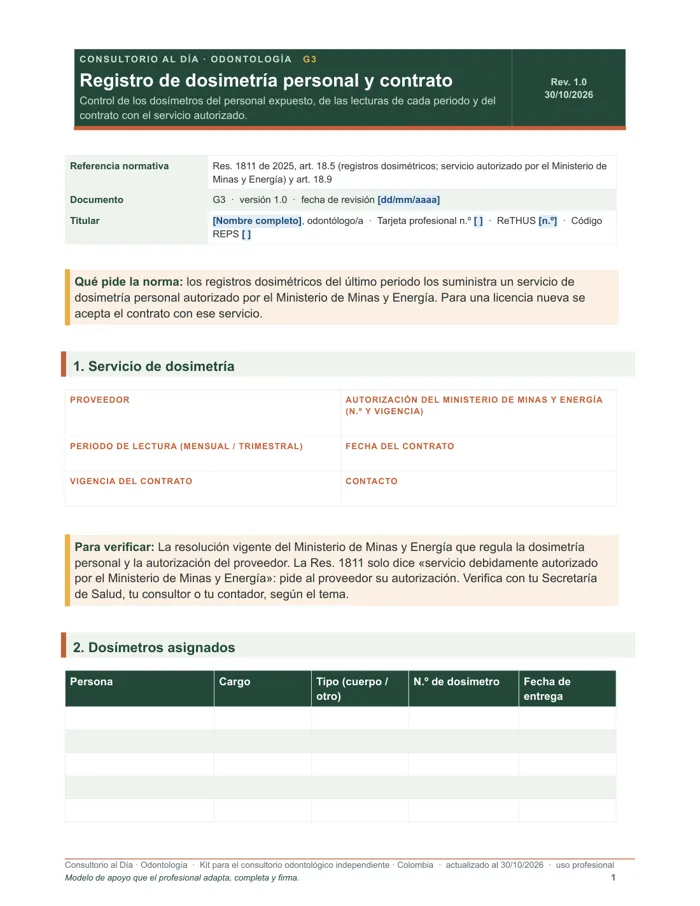 Registro de dosimetría personal y contrato (Word y PDF)