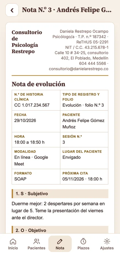 App: nota de evolución lista para imprimir y firmar