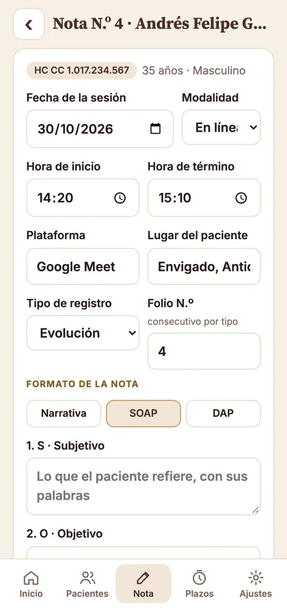 App: formulario de la nota de sesión con folio consecutivo