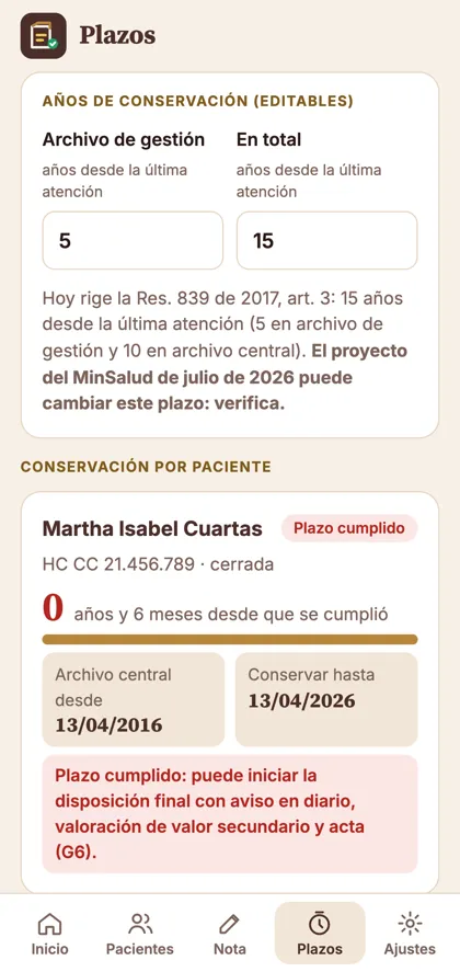 App: plazos de conservación editables y cuenta regresiva por paciente