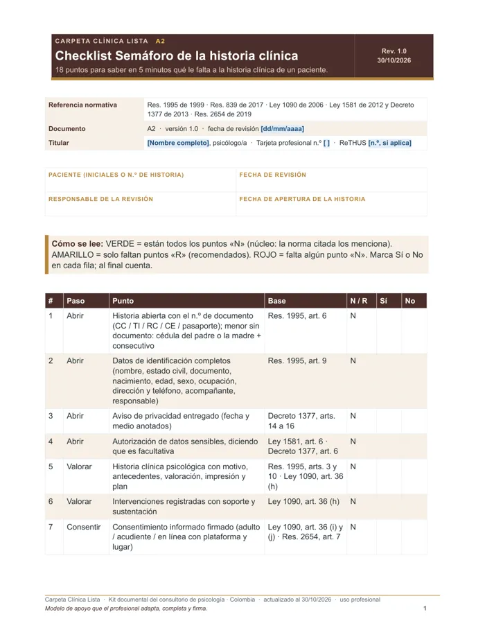 Checklist Semáforo de la historia clínica (Word y PDF)