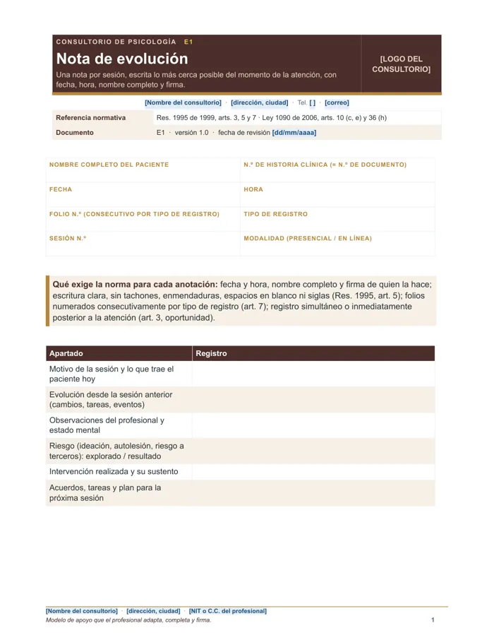 Nota de evolución: fecha, hora, folio y firma (Word y PDF)