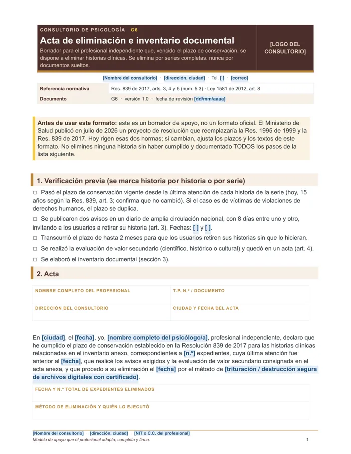 Acta de eliminación e inventario documental (Word y PDF)